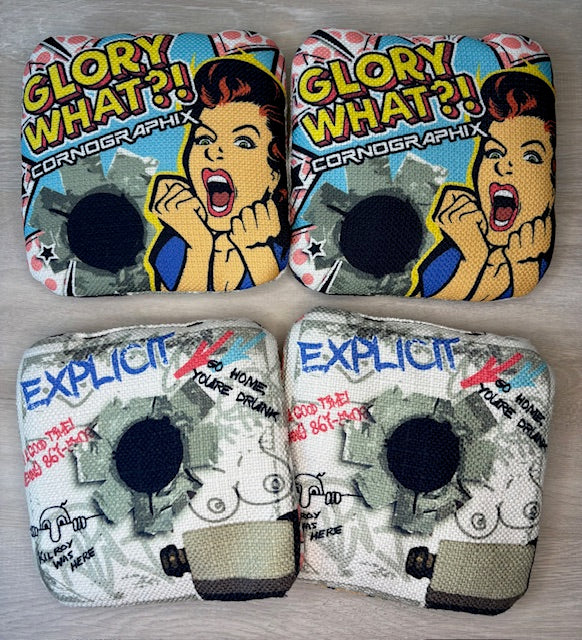 Explicit Glory What?! cornhole bag